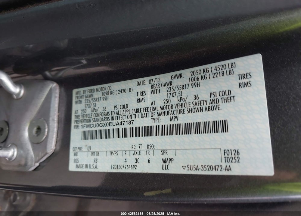 2014 FORD ESCAPE VIN: 1FMCU0GX0EUA47187