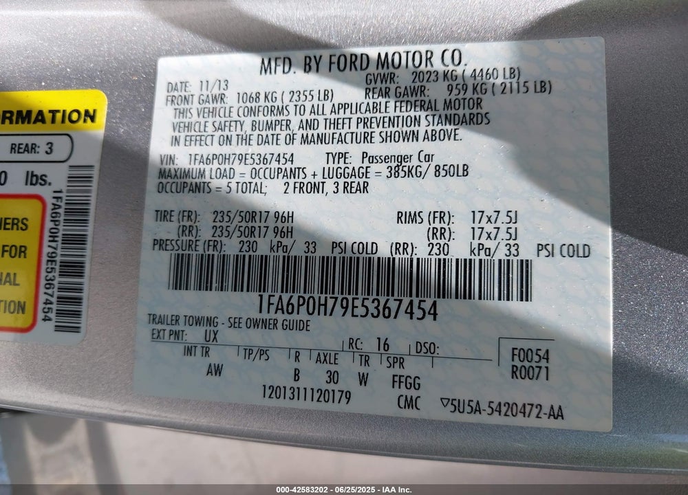 2014 FORD FUSION VIN: 1FA6P0H79E5367454