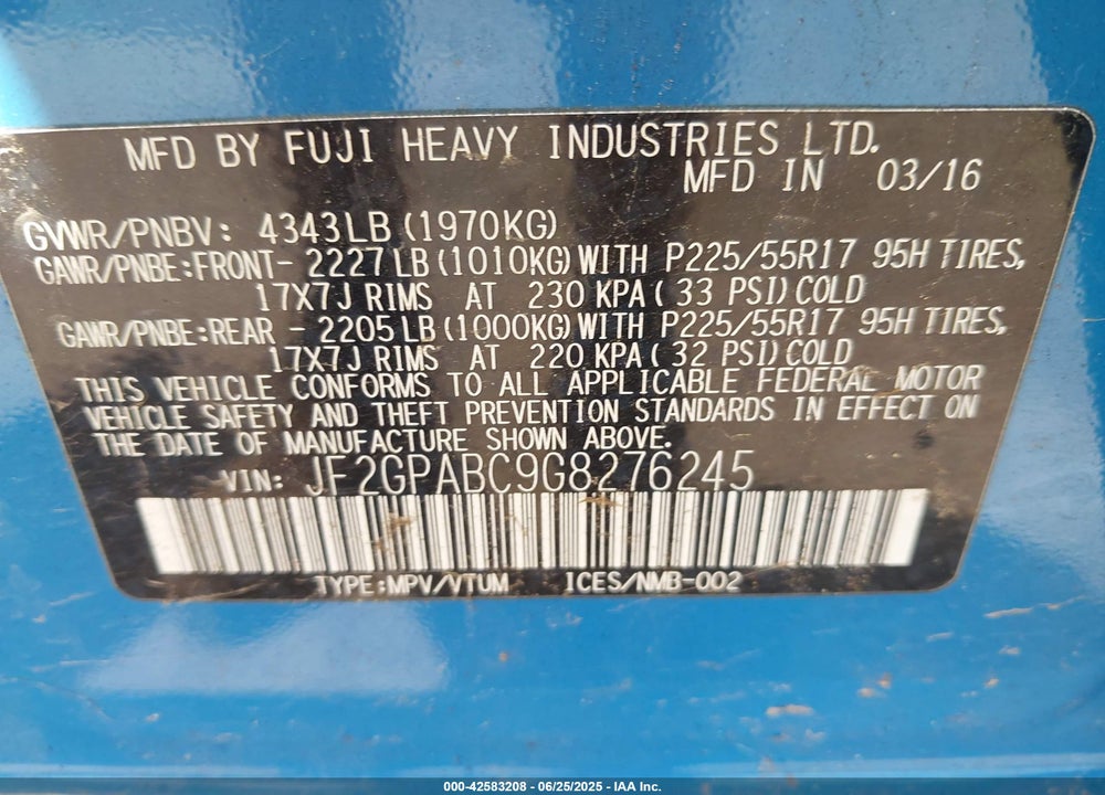 2016 SUBARU CROSSTREK VIN: JF2GPABC9G8276245