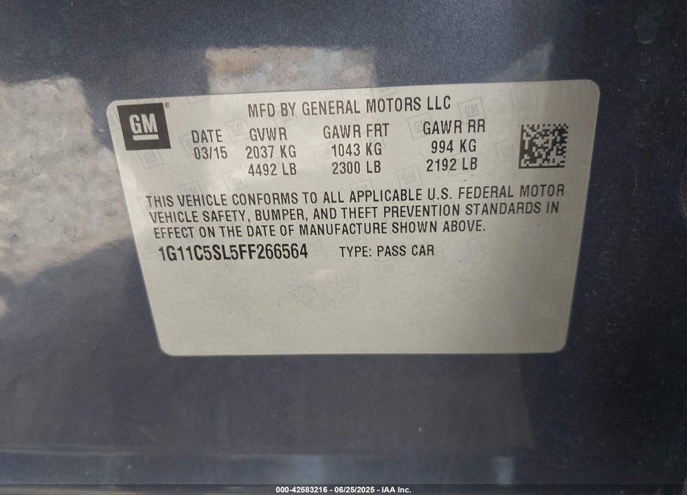 2015 CHEVROLET MALIBU VIN: 1G11C5SL5FF266564