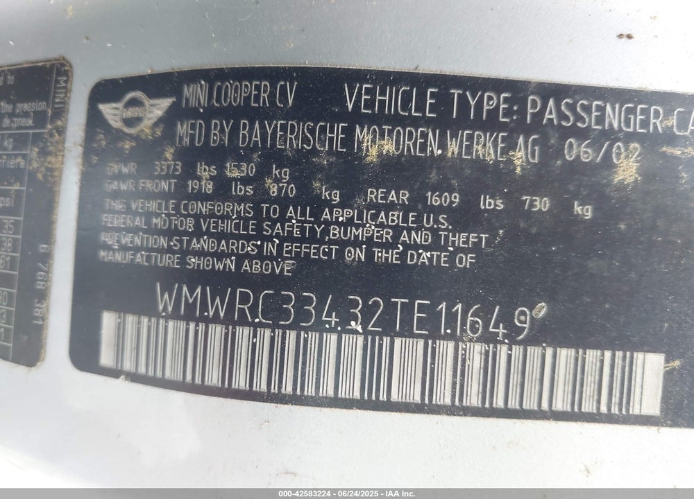 2002 MINI COOPER VIN: WMWRC33432TE11649