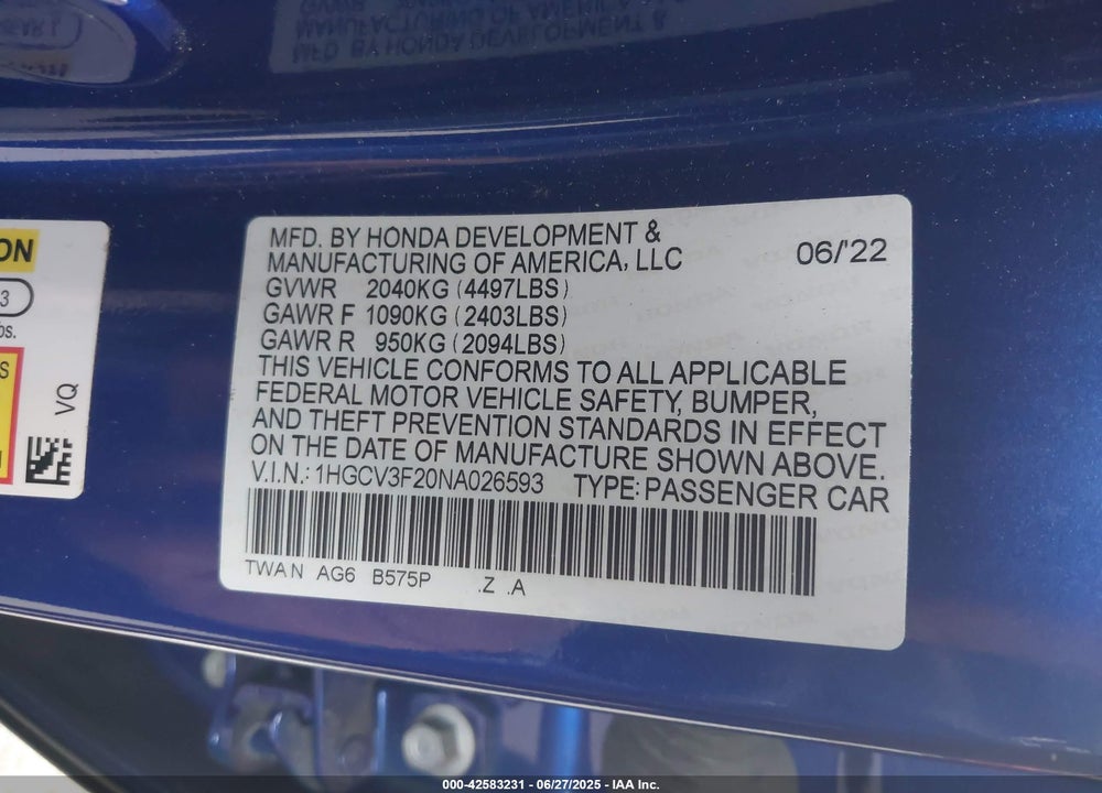 2022 HONDA ACCORD HYBRID SPORT VIN: 1HGCV3F20NA026593