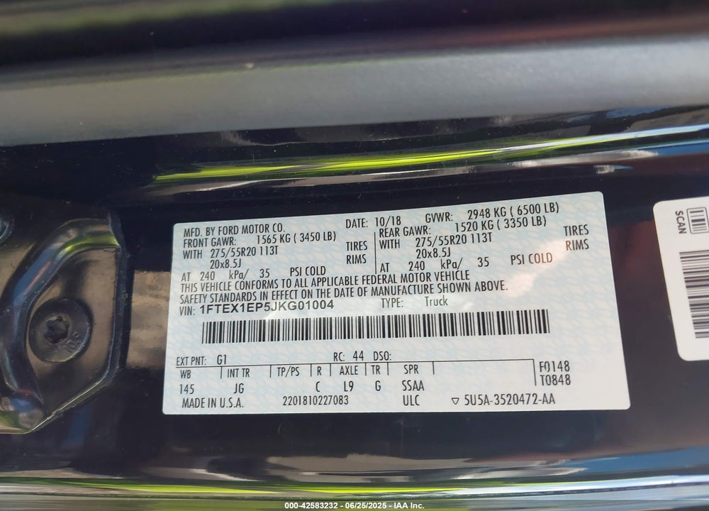 2018 FORD F-150 VIN: 1FTEX1EP5JKG01004