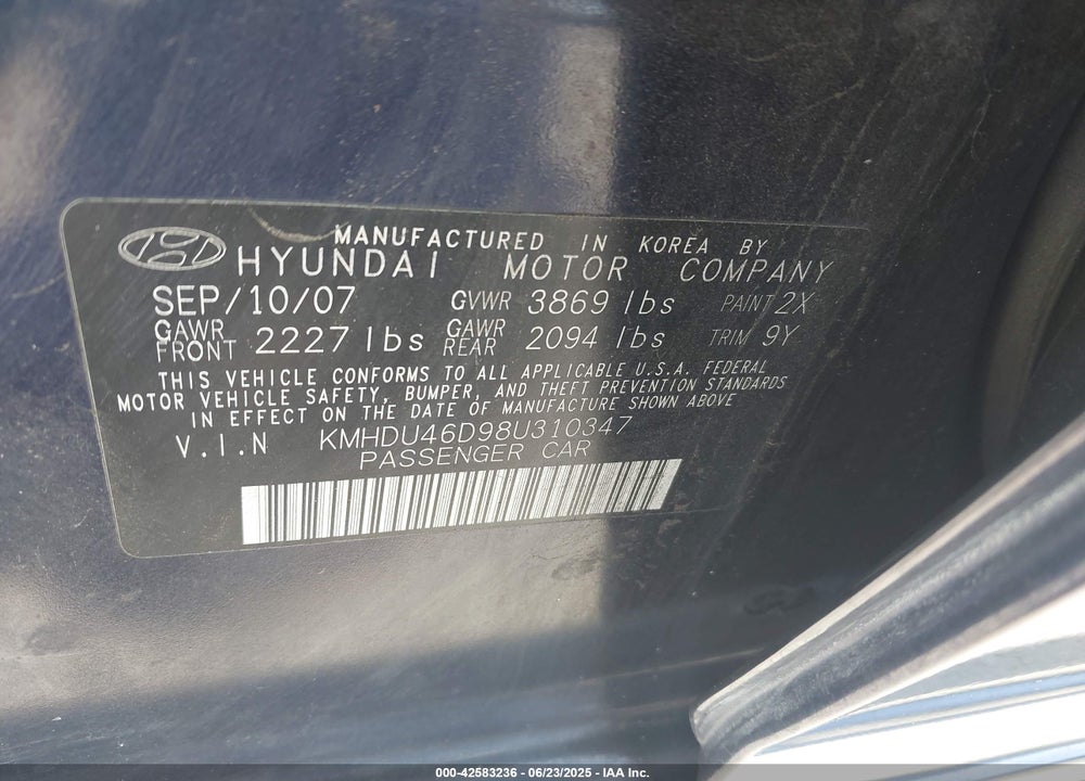 2008 HYUNDAI ELANTRA VIN: KMHDU46D98U310347