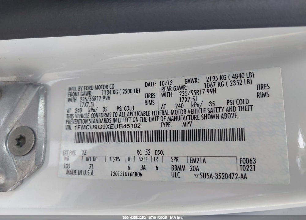 2014 FORD ESCAPE VIN: 1FMCU9G9XEUB45102