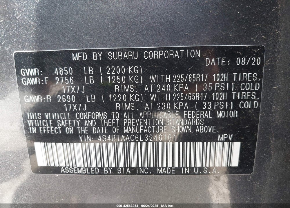 2020 SUBARU OUTBACK VIN: 4S4BTAAC6L3246161