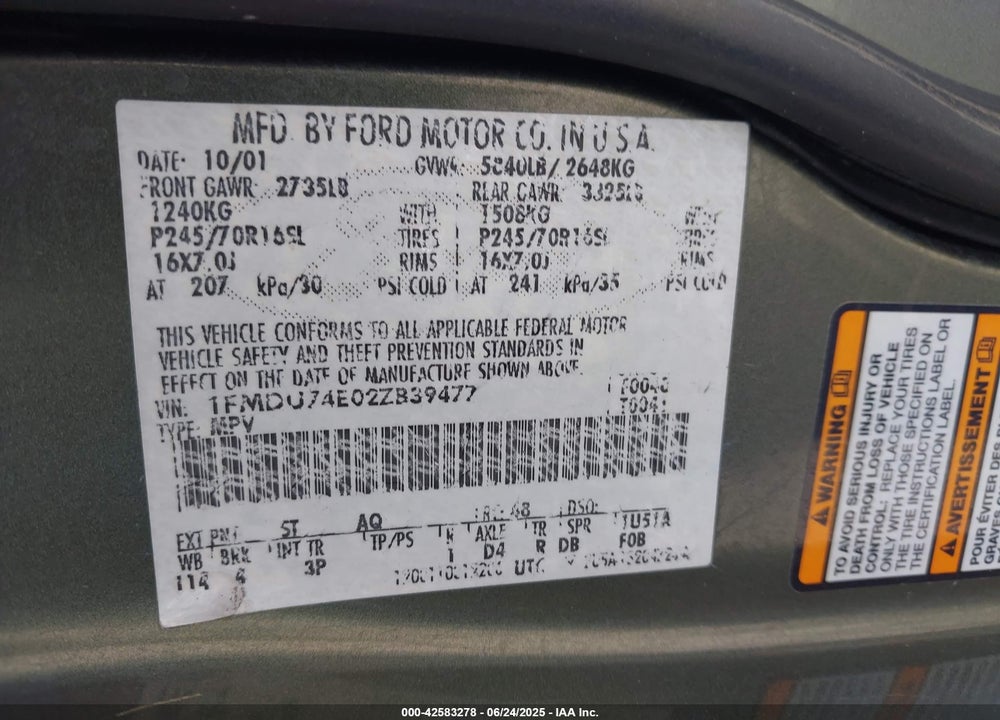 2002 FORD EXPLORER EDDIE BAUER VIN: 1FMDU74E02ZB39477