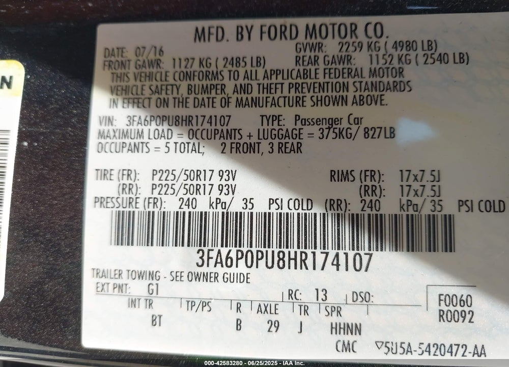 2017 FORD FUSION ENERGI VIN: 3FA6P0PU8HR174107