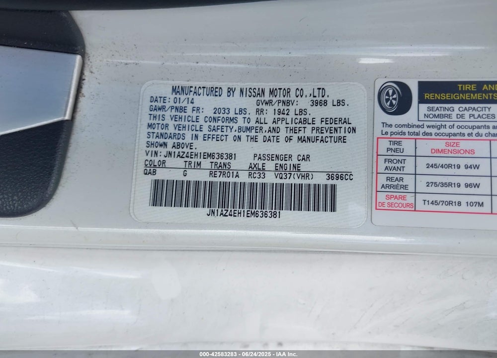 2014 NISSAN 370Z VIN: JN1AZ4EH1EM636381