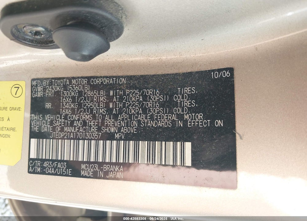 2007 TOYOTA HIGHLANDER VIN: JTEDP21A170130357