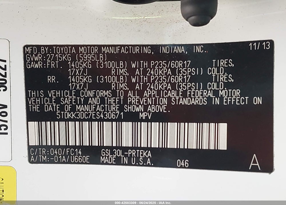 2014 TOYOTA SIENNA LE V6 8 PASSENGER VIN: 5TDKK3DC7ES430671