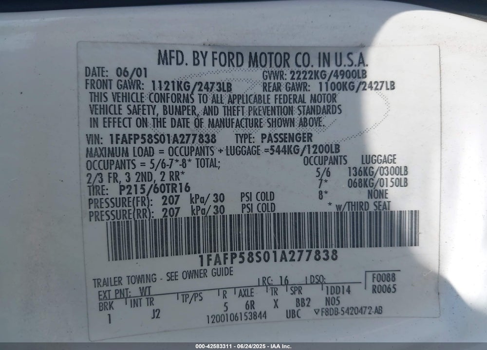2001 FORD TAURUS SE VIN: 1FAFP58S01A277838