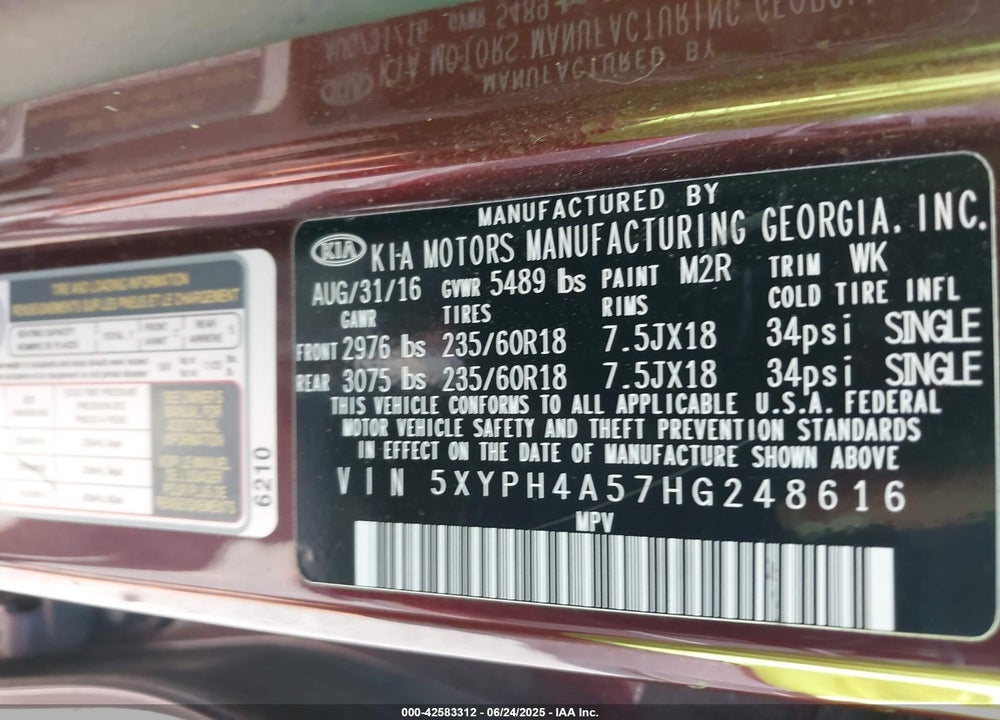 2017 KIA SORENTO 3.3L EX VIN: 5XYPH4A57HG248616