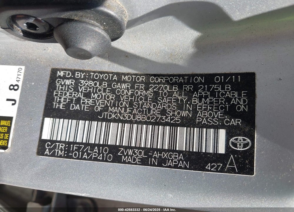 2011 TOYOTA PRIUS VIN: JTDKN3DU8B0273425