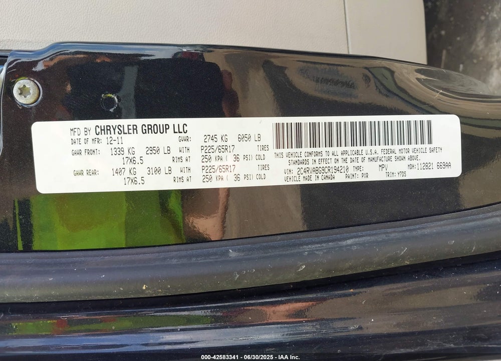 2012 VOLKSWAGEN ROUTAN VIN: 2C4RVABG9CR194210