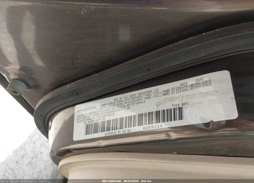 2008 SUBARU OUTBACK VIN: 4S4BP61C587301359