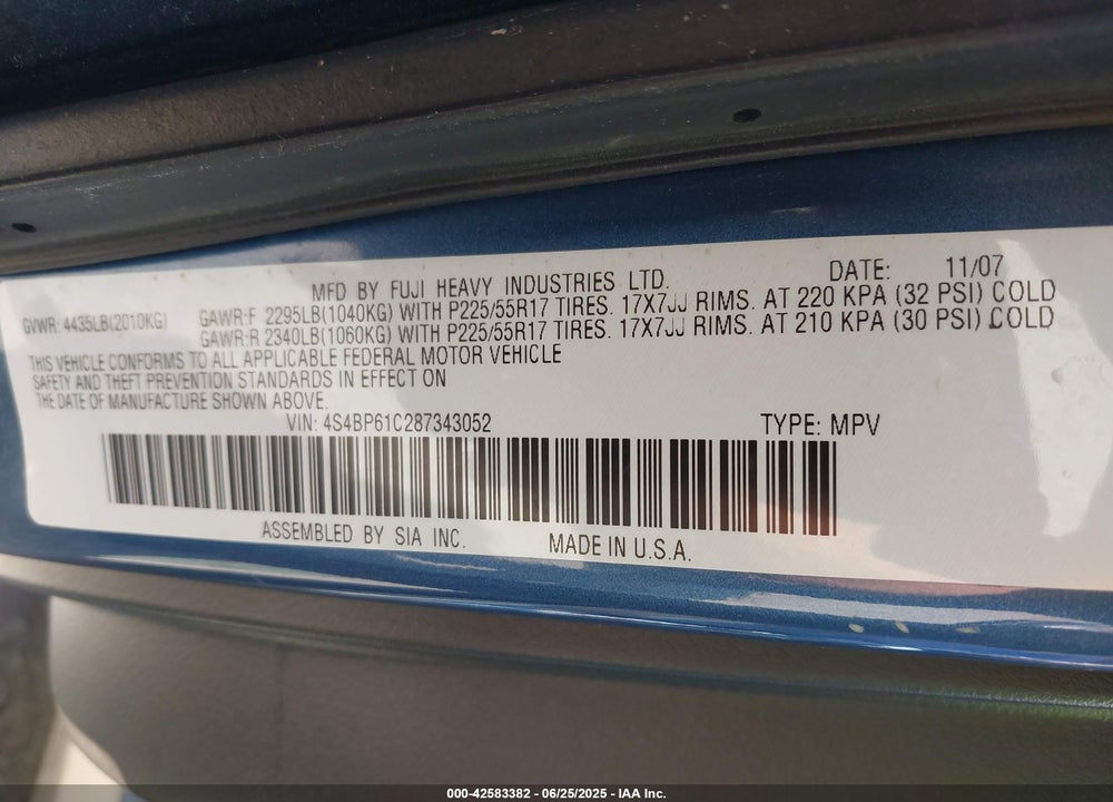 2008 SUBARU OUTBACK VIN: 4S4BP61C287343052