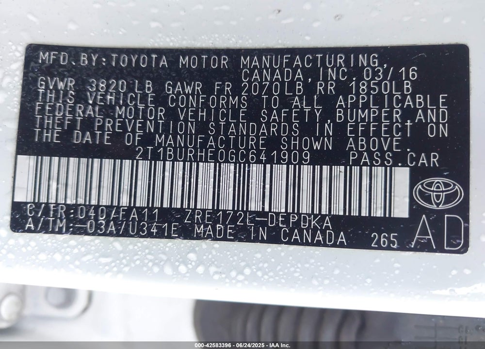2016 TOYOTA COROLLA VIN: 2T1BURHE0GC641909