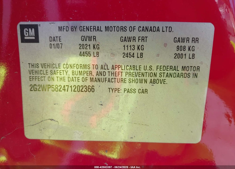 2007 PONTIAC GRAND PRIX VIN: 2G2WP582471202366