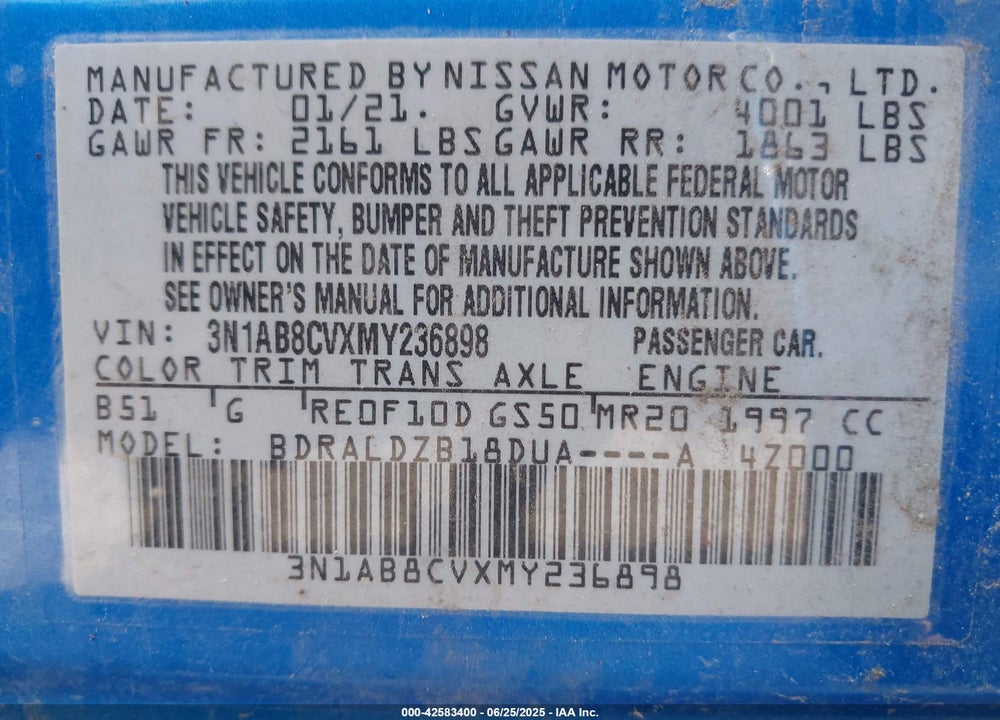 2021 NISSAN SENTRA VIN: 3N1AB8CVXMY236898