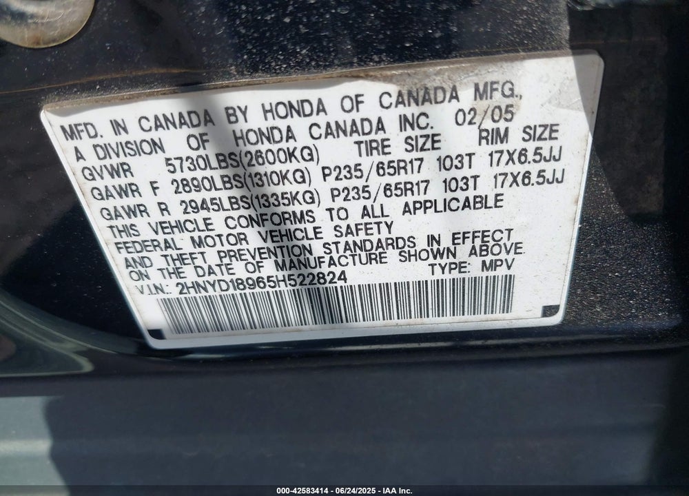 2005 ACURA MDX VIN: 2HNYD18965H522824