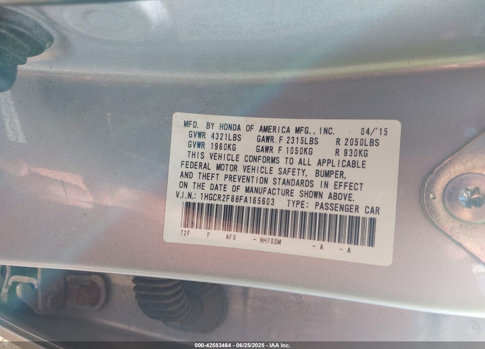 2015 HONDA ACCORD EX-L VIN: 1HGCR2F88FA165603
