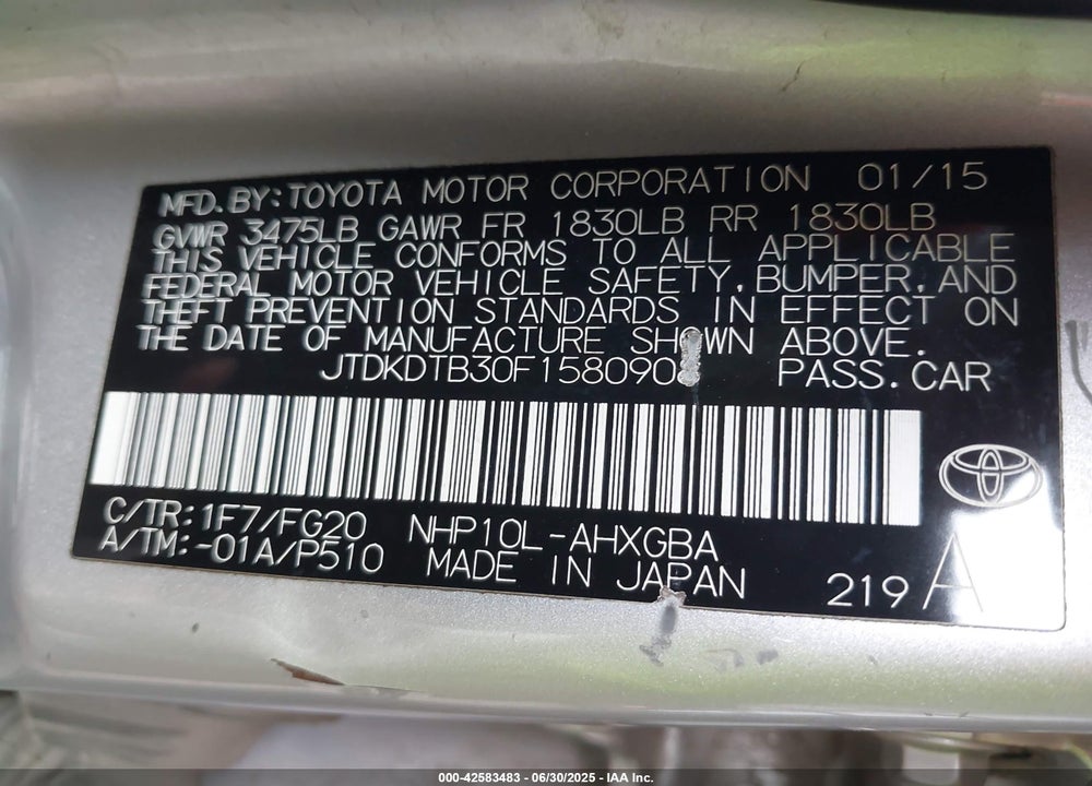 2015 TOYOTA PRIUS C VIN: JTDKDTB30F1580908