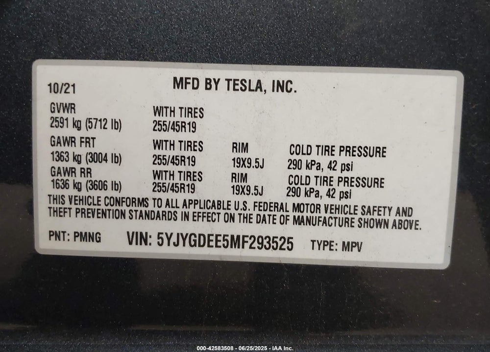 2021 TESLA MODEL Y VIN: 5YJYGDEE5MF293525