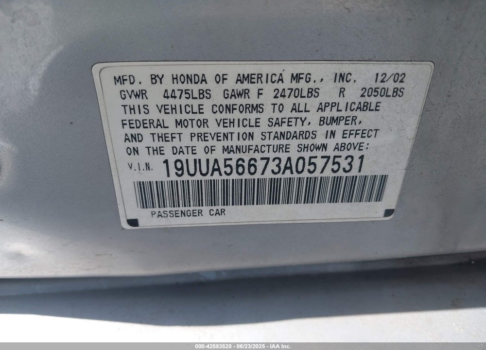 2003 ACURA TL 3.2 VIN: 19UUA56673A057531