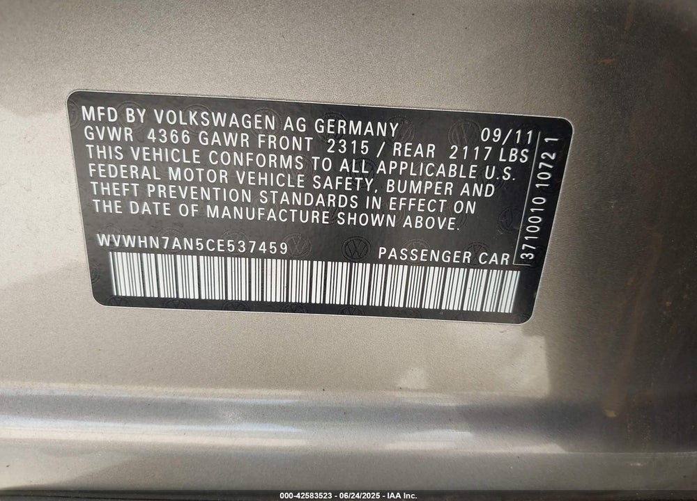 2012 VOLKSWAGEN CC VIN: WVWHN7AN5CE537459