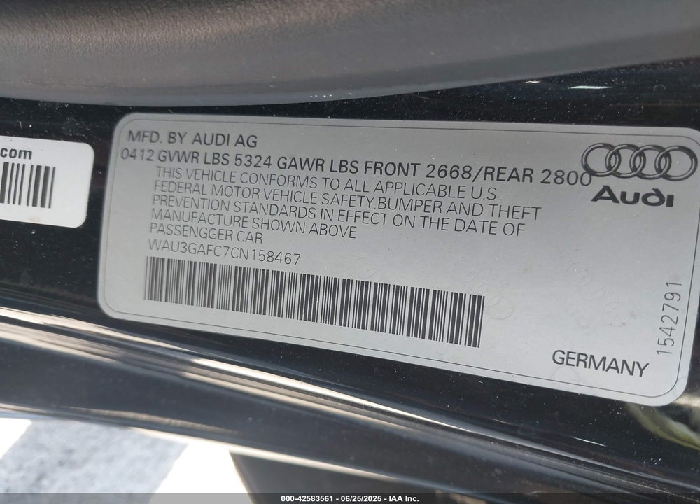 2012 AUDI A7 VIN: WAU3GAFC7CN158467