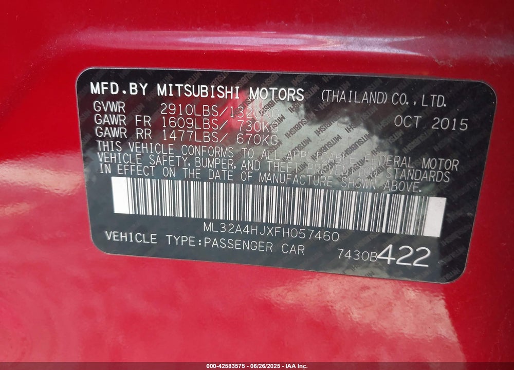 2015 MITSUBISHI MIRAGE VIN: ML32A4HJXFH057460