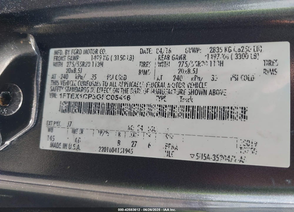 2016 FORD F-150 VIN: 1FTEX1CP3GFC05416