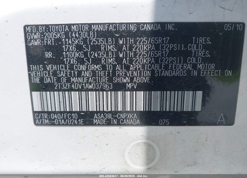 2010 TOYOTA RAV4 VIN: 2T3ZF4DV1AW037963