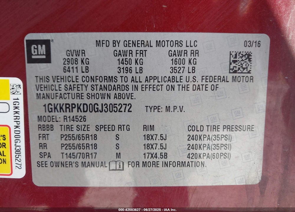 2016 GMC ACADIA VIN: 1GKKRPKD0GJ305272