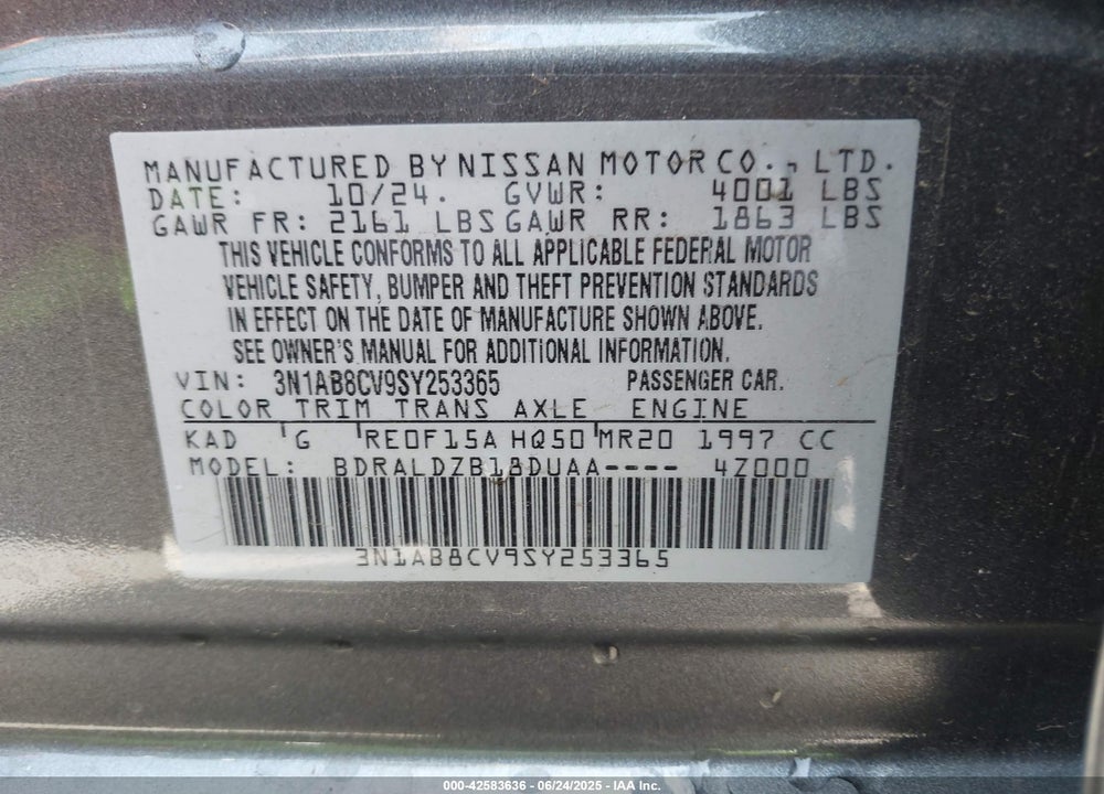 2025 NISSAN SENTRA VIN: 3N1AB8CV9SY253365