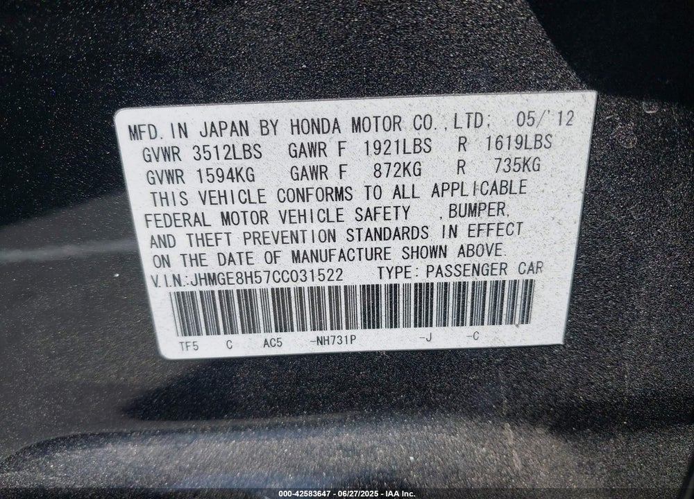 2012 HONDA FIT VIN: JHMGE8H57CC031522