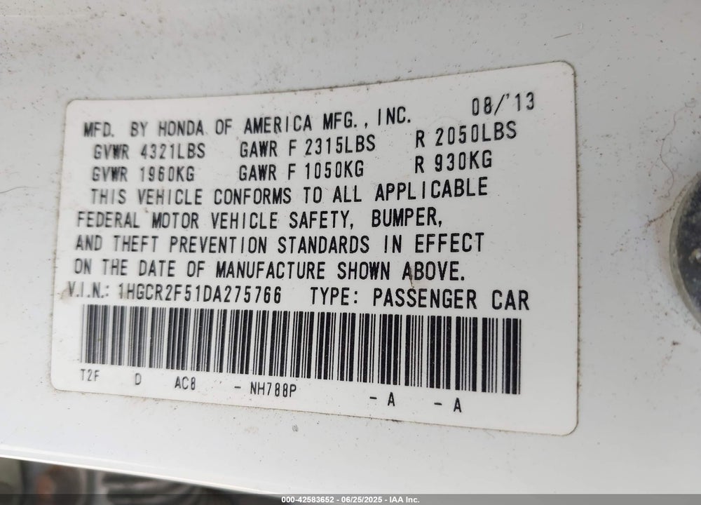 2013 HONDA ACCORD SPORT VIN: 1HGCR2F51DA275766