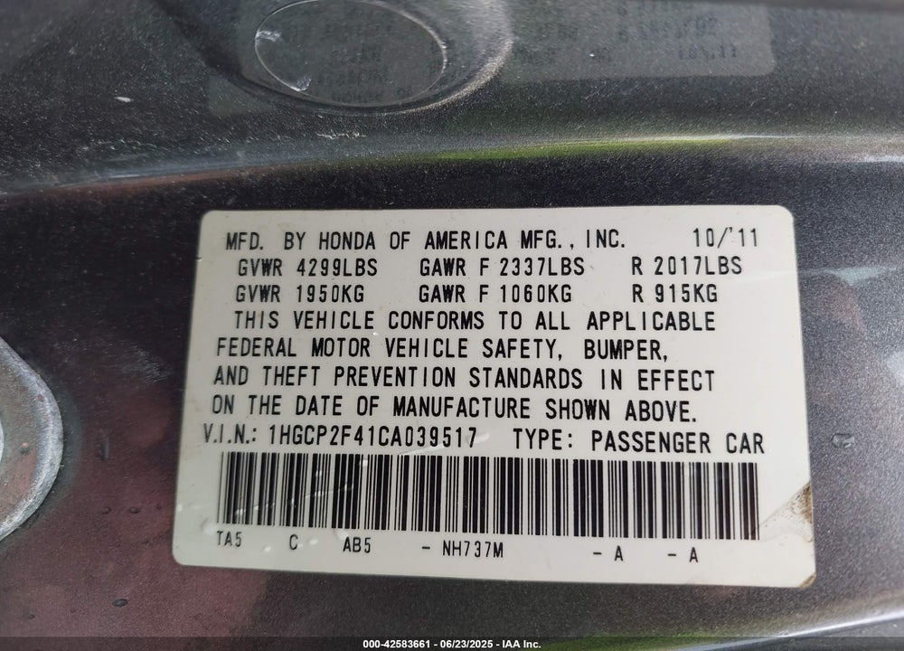 2012 HONDA ACCORD 2.4 LX-P VIN: 1HGCP2F41CA039517