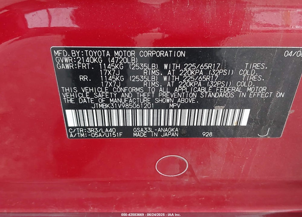 2008 TOYOTA RAV4 LIMITED V6 VIN: JTMBK31V985061201