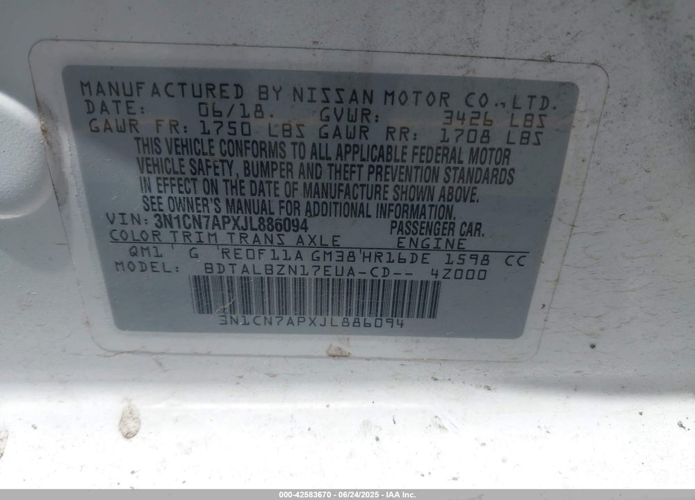 2018 NISSAN VERSA VIN: 3N1CN7APXJL886094