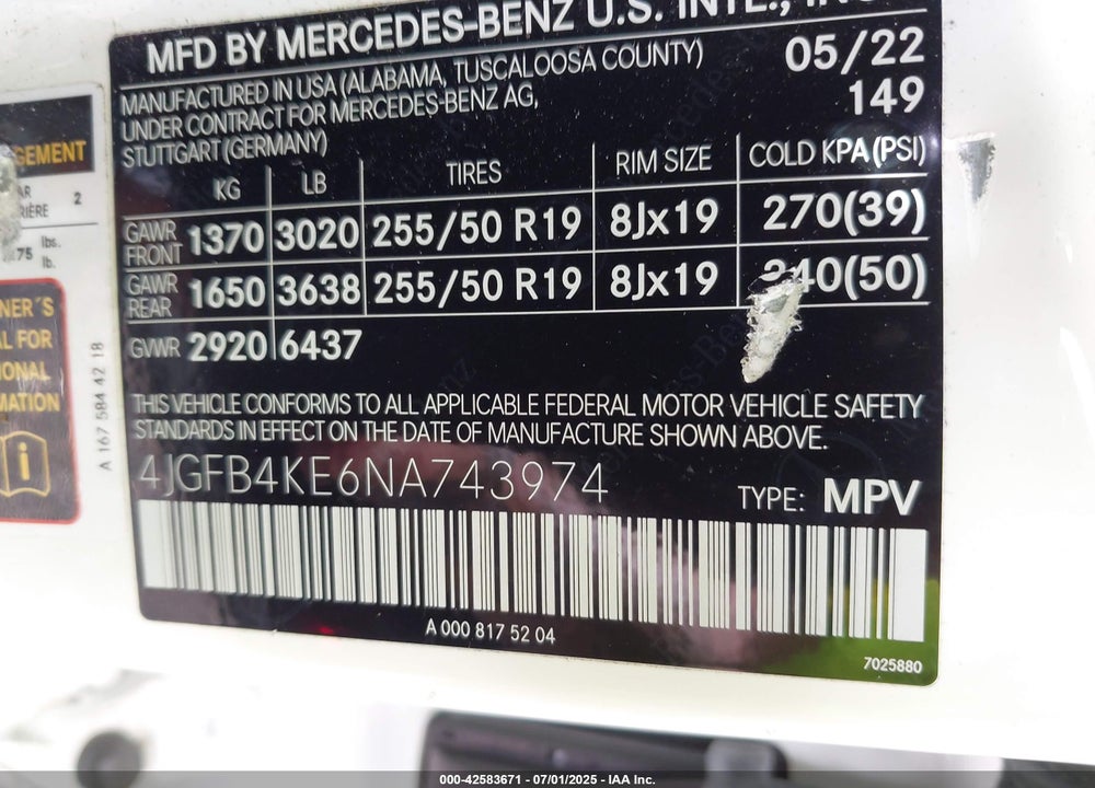 2022 MERCEDES-BENZ GLE CLASS VIN: 4JGFB4KE6NA743974