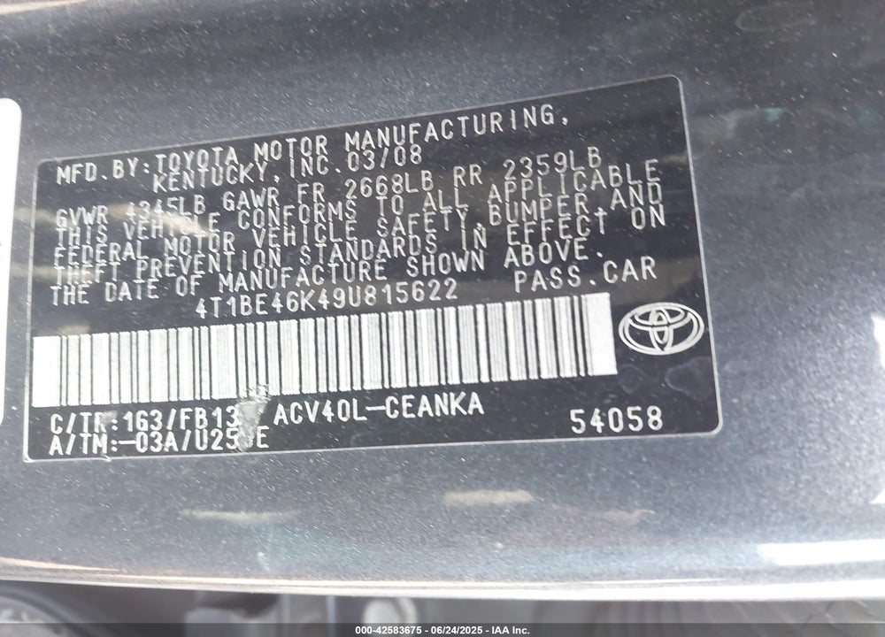 2009 TOYOTA CAMRY VIN: 4T1BE46K49U815622