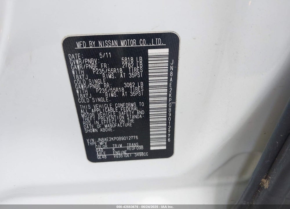 2011 NISSAN QUEST LE VIN: JN8AE2KP0B9012776