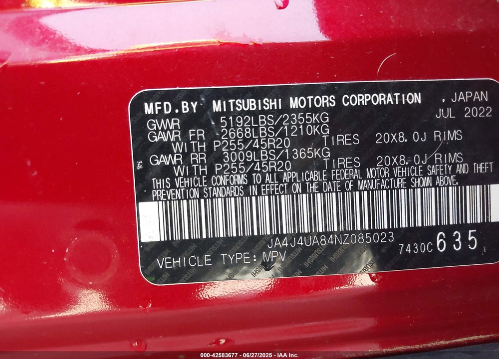 2022 MITSUBISHI OUTLANDER VIN: JA4J4UA84NZ085023