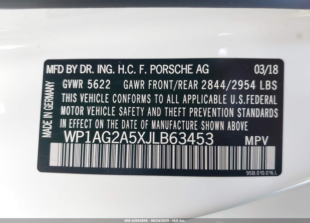 2018 PORSCHE MACAN VIN: WP1AG2A5XJLB63453