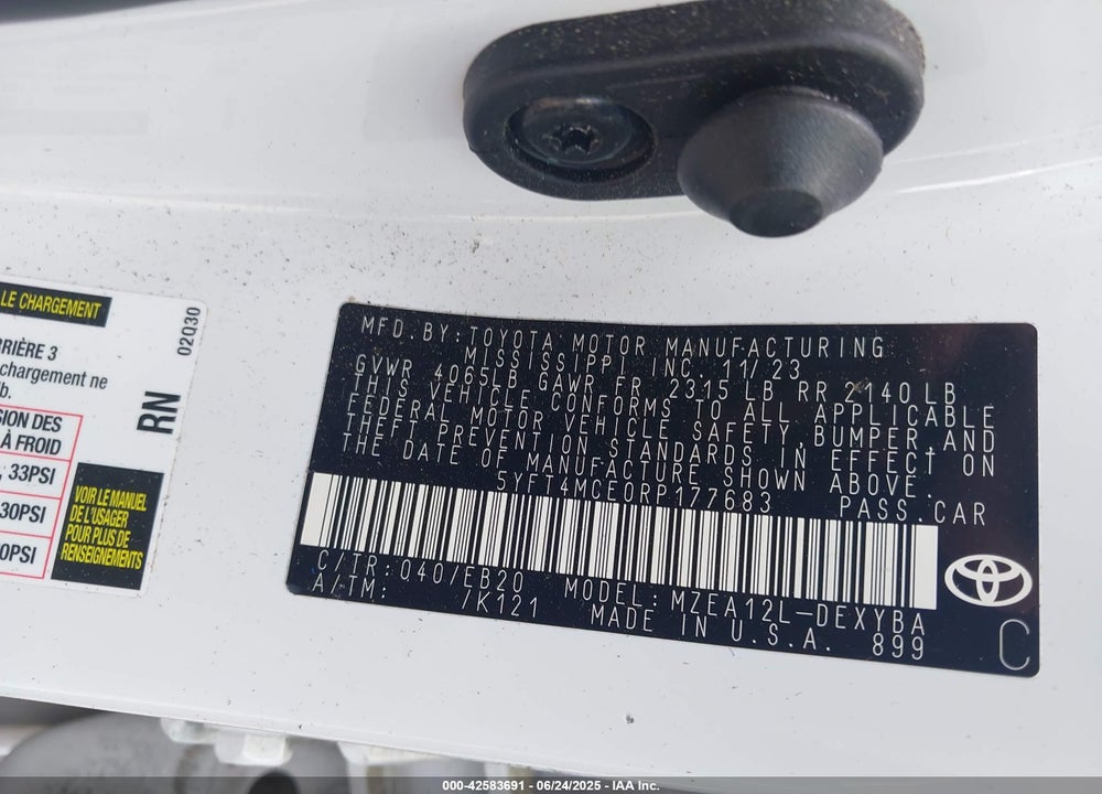 2024 TOYOTA COROLLA VIN: 5YFT4MCE0RP177683