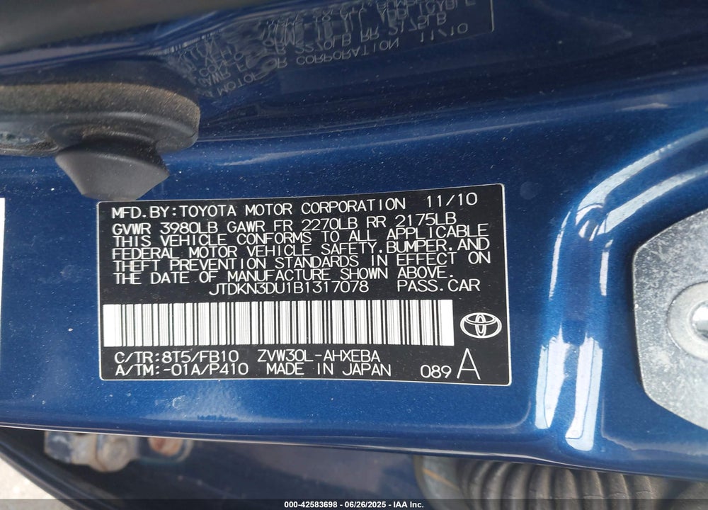 2011 TOYOTA PRIUS VIN: JTDKN3DU1B1317078