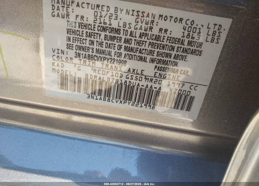 2023 NISSAN SENTRA VIN: 3N1AB8CVXPY221998