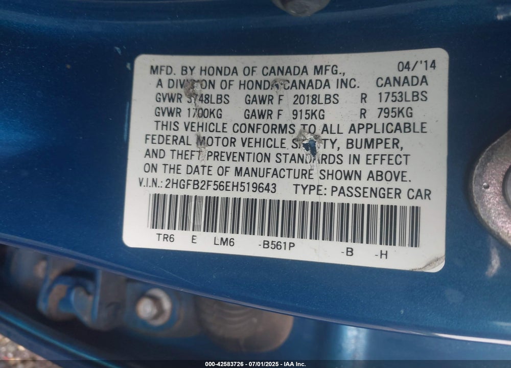 2014 HONDA CIVIC LX VIN: 2HGFB2F56EH519643